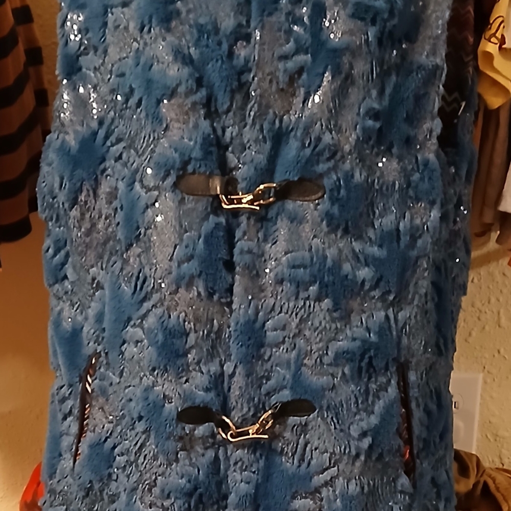 Blue Faux Fur Vest with Toggle Closures